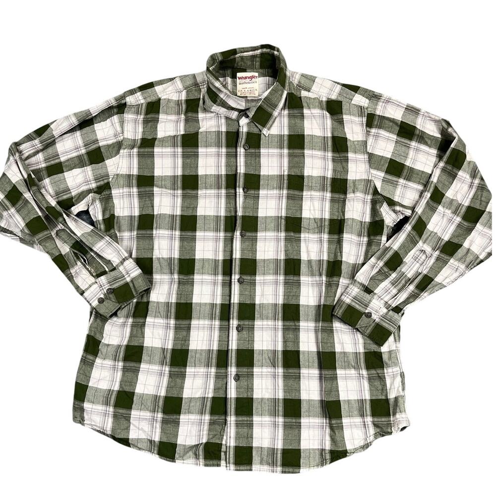 Wrangler Authentics Mens 2XL Green White Plaid Button  Western Shirt Cotton EUC